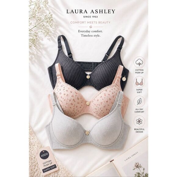 Laura Ashley Other - NWT 3 Laura Ashley 42D Comfort Push Up Soft Floral Cream Grey Underwire Bras